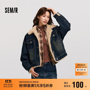 森馬（Semir）牛仔外套女拼接仿兔毛翻領(lǐng)寬松港風(fēng)冬季落肩夾棉夾克103724108001
