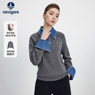 納維凱爾意大利小帆船25年新款針織衫女寬松毛衣牛仔拼接羊毛衫2334015502
