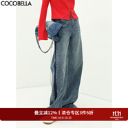 COCOBELLA拼色水洗直筒牛仔褲女撞色高腰休閑褲寬松闊腿褲DN26 牛仔藍(lán) L
