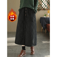 夏典素訂女王（SE.PSTP）復古m媽菱格夾棉保暖半身裙大碼女裝中年老年休閑棉裙高腰長(cháng)款裙 黑色 L 【100-135斤】