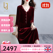 OLJ國際高檔品牌真絲絲絨連衣裙女2025年春秋新款刺繡氣質(zhì)桑蠶絲裙子 酒紅色 L 建議120斤以內(nèi)