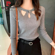皮爾卡丹春秋新款毛衣針織衫女士小衫冬天打底衫洋氣鏤空短款圓領(lǐng)上衣 灰色  XL 108-118