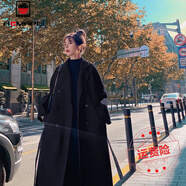 AEMAPE毛呢大衣女2025春秋新款輕熟粉外套女裝顯瘦過膝中長款呢子上衣女 黑色  2XL _建議150-170斤