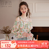 白鹿語夏季浪漫斜肩荷葉邊襯衫氣質顯瘦碎花一字肩上衣女 花色  L 