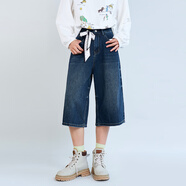 木果果木2025秋季新款美式復古風(fēng)高腰寬松顯瘦七分闊腿牛仔褲女 深牛仔藍 M