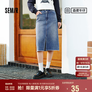 森馬[森柔牛仔]半身裙女高腰開叉春夏牛仔直筒短裙子103124120002