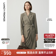 朗姿設(shè)計(jì)感ol風(fēng)氣質(zhì)顯瘦西裝裙冬季新款法式長袖高級(jí)感連衣裙 卡其綠色 XL