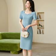 米思陽(yáng)（missshine）2025夏季新款精致通勤職業(yè)連衣裙短袖有口袋女裝包臀裙1603 淺藍色現貨直發(fā) S
