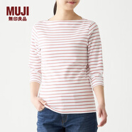 無(wú)印良品 MUJI 女式 彈力羅紋編織 一字領(lǐng)七分袖T恤 BBL03A0S 粉紅色X橫條 M