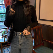 皮爾卡丹法式半高領(lǐng)蕾絲花邊白色羊毛針織打底衫女秋新款小香風(fēng)內搭毛衣上 黑色【法式/小香風(fēng)/精致】 S 建議80-90斤