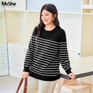 MsShe【條紋針織衫t恤打底衫】大碼女裝2025秋冬胖妹妹顯瘦上衣 仿兔絨紗厚款-黑色現貨 3XL