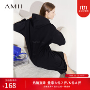 AMII女裝2025冬季新款保暖搖粒絨寬松字母珠片釘繡連帽衛(wèi)衣裙 黑色 XS 150/76A