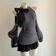 雪珺非法式覆古千金風(fēng)露肩蝴蝶結針織連衣裙女秋季修身辣包臀短裙子 灰色毛衣 S 碼建議78-98斤