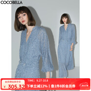 COCOBELLA名媛風(fēng)提花流蘇連衣裙女修飾腰線大擺茶歇裙FR3025 晴藍(lán) M