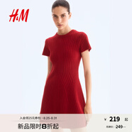 H&M女裝連衣裙2025秋季新款圓領(lǐng)羅紋修身喇叭形短袖連身裙1294631 紅色 M 165/96