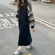 園翌胖mm300斤大碼韓版寬松長(cháng)裙女秋鹽系復古裙兩件套 衛衣＋背帶裙 現貨 L 建議80-115斤