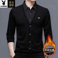 花花公子秋冬加絨假兩件男士長(cháng)袖T恤襯衫領(lǐng)春裝上衣中年針織打底衫 HYX-5861黑色 加絨 M 170/88A(適合120-135斤)