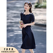 卡薩羅澳品牌氣質(zhì)中長款黑色連衣裙女高級感2025夏季短袖收腰顯瘦小黑裙子 黑色 M