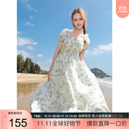 三彩2025夏季新款純棉連衣裙印花U領(lǐng)收腰A字裙泡泡袖中長裙M