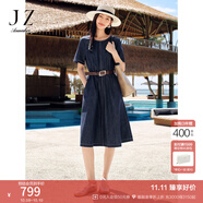 玖姿·安娜蔻【明星同款】慵懶松弛感萊賽爾亞麻牛仔收腰連衣裙女2025夏季新款 丈青-第二批 S