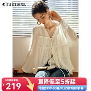 Olrain歐芮兒2025夏季新款氣質(zhì)V領(lǐng)綁帶設(shè)計飄逸靈動仙氣雪紡衫 米杏色 M