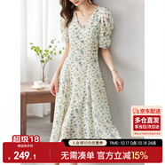 尚都比拉夏季法式碎花連衣裙泡泡袖茶歇裙氣質(zhì)女神范裙子 杏底藍花 S 