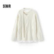 森馬（Semir）毛衣女冬圍巾蕾絲V領絞花寬松新款慵懶優雅小性感套頭衫 白色調00311 M