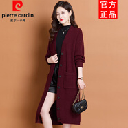 皮爾卡丹（pierre cardin）秋冬新款毛衣外套中長(zhǎng)款針織衫翻邊口袋設(shè)計(jì)彈力大百搭休閑女 紫紅色 均碼
