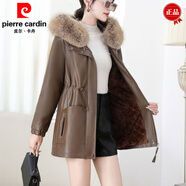 皮爾卡丹（pierre cardin）連帽帶大毛領(lǐng)皮衣外套女中長(cháng)款2025冬季新款抽繩收腰顯瘦加絨加厚 保暖咖啡色【抽繩收腰】 可拆大毛領(lǐng) 2XL 110-120斤