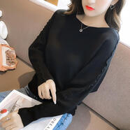 苜戈洋氣秋冬新款韓版外穿蝙蝠袖毛衣女寬松長(cháng)袖上衣學(xué)生短款針織衫潮 黑色 L