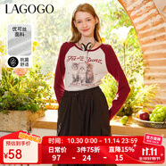 LAGOGO【抗菌】美式撞色插肩袖T恤女拉谷谷春季新款修身印花上衣 紅灰(HR) XL