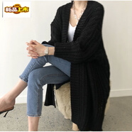 初徑中長款粗毛線針織開衫女韓國復(fù)古寬松加厚前短后長側(cè)開叉上衣外套 黑色 S