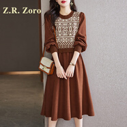 Z.R.Zoro奢侈品連衣裙女2025秋冬新款復(fù)古洋氣內(nèi)搭打底毛衣長袖針織長裙女 咖色 M