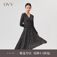 OVV2022春夏新款女裝彈力針織面料印花V領(lǐng)優(yōu)雅收腰長(zhǎng)袖連衣裙 黑色花紋01 XL