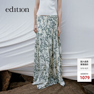 edition半身裙女夏新款浪漫度假風(fēng)花卉印花手工排褶棉麻半裙 杏底黑花色 S 160