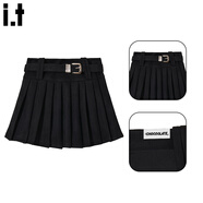 :CHOCOOLATE  it女裝潮牌秋冬連衣裙蕩領(lǐng)假兩件針織衫麂皮絨百褶半身裙套裝女 黑色裙 L