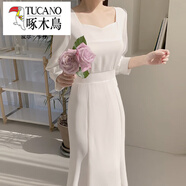 啄木鳥(niǎo)（TUCANO）法式長(cháng)袖魚(yú)尾連衣裙韓國chic秋季優(yōu)雅方領(lǐng)露鎖骨收腰顯瘦長(cháng)裙女潮 白色 M
