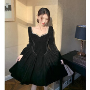 甜承智高級(jí)感在逃公主絲絨連衣裙女秋冬新款顯瘦宴會(huì)晚禮服中長裙 黑色短款 【輕奢小眾炸街/早秋/ 3XL 【160-180斤】【高級(jí)感小香