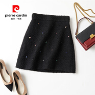 皮爾卡丹（pierre cardin）百搭簡約2025春秋新款純色毛呢釘鉆高腰小A字短裙半裙半身裙女 黑色 S