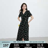 紅袖波點(diǎn)收腰連衣裙夏季新款女裝法式V領(lǐng)顯瘦減齡氣質(zhì)黑色顯白雪紡裙 黑底米點(diǎn)818 S