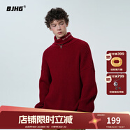 BJHG不計后果秋冬基礎款條紋高領毛衣男潮美式情侶寬松中性風針織衫女 酒紅色 2XL