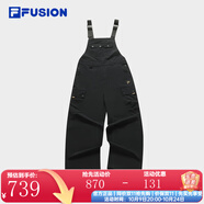 FILA FUSION斐樂潮牌梭織背帶褲女新款時尚休閑寬松工裝褲褲子 正黑色-BK XL 175/74A