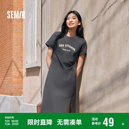 森馬連衣裙女復(fù)古休閑中長裙春夏心機字母開叉T恤裙101324114026