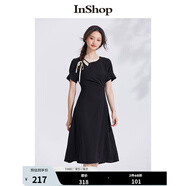 InShop【商場(chǎng)同款】新款氣質(zhì)連衣裙女高級(jí)感純色修身褶皺中長(zhǎng)裙 黑色 S