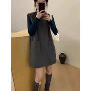 LXKP復(fù)古無袖呢料連衣裙女秋冬新款韓版簡約疊穿口袋中長款圓領(lǐng) 灰色 S