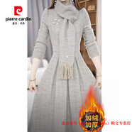 皮爾卡丹（pierre cardin）品牌高檔輕奢加絨加厚連衣裙女冬裝2025年減齡新中式a字裙子 品牌高端新品-淺灰色-廣州十三行品牌成熟風(fēng)女裝輕熟風(fēng) M