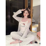 基蒂貓睡衣婦女的春天和秋天與乳房墊莫代爾三件套家庭服裝少女的 淺花灰色 S