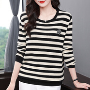 芳妮詩（FANGNISHI）春裝女款2025年新款條紋毛衣女士針織衫上衣大碼長袖t恤女打底衫 黑白條紋 L (適合115-125斤)
