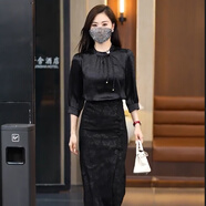 RUNNING HIGH時(shí)尚套裝裙女2024秋季新款洋氣顯瘦七分袖襯衫半身裙包臀裙兩件套 黑色上衣[單件] 3XL [130-145斤]