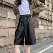 茵侈大碼秋冬中長(cháng)pu皮褲闊腿褲全松緊高腰顯瘦a字短褲胖妹帶口袋5分褲 黑色 M